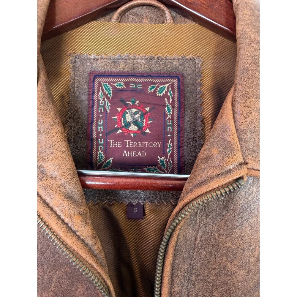 The Territory Ahead Brown Leather Jacket Distressed Zip Front Small